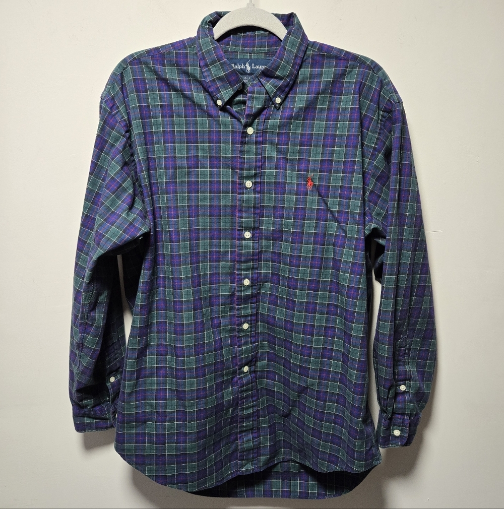 Ralph Lauren Blake Cotton Blue Green Tartan Plaid Button-up Size Medium Preppy